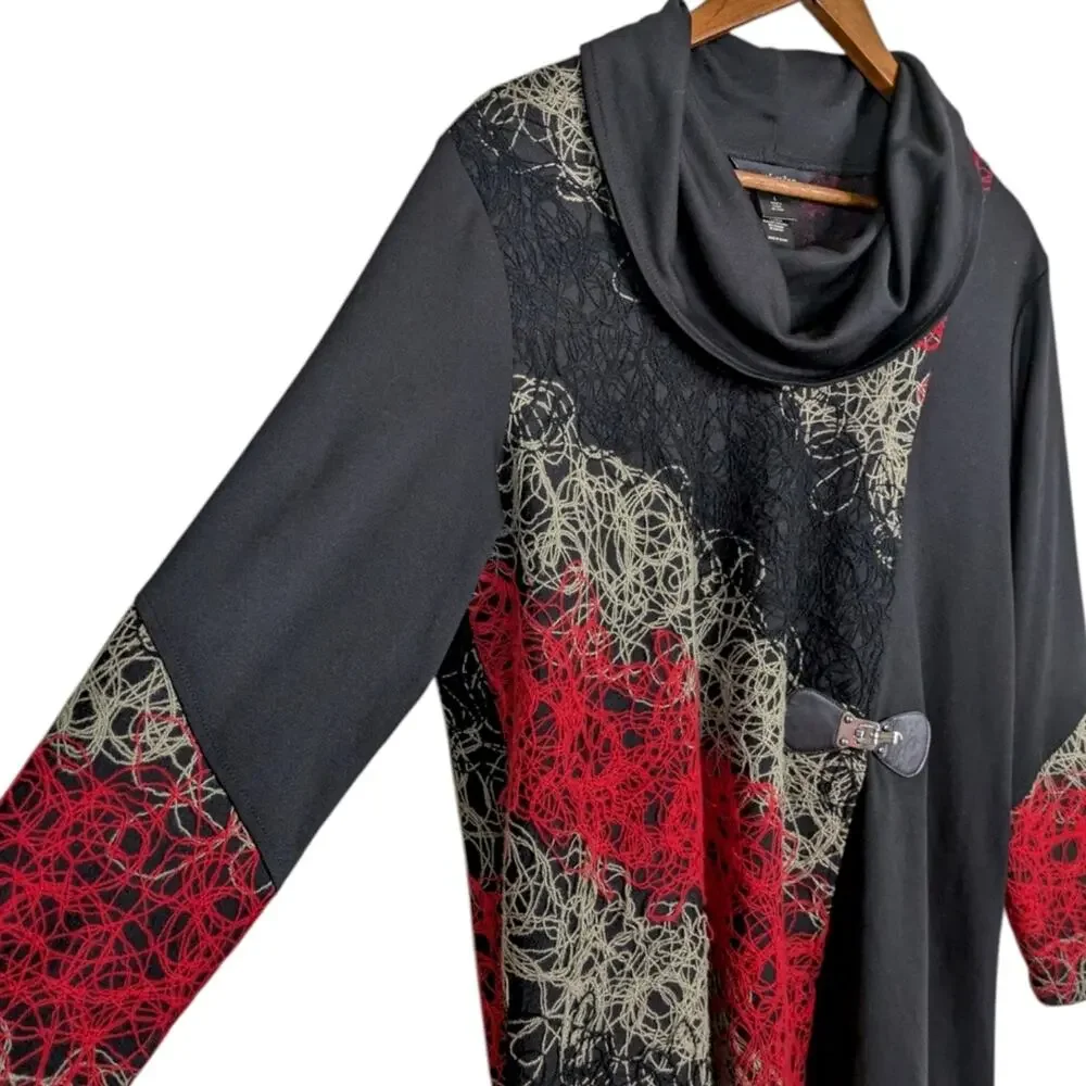 Ali Miles Tunic Top Large Cowl Neck Yarn Applique Textured Buckle Red Black Art